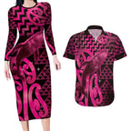 Humpback Whale Matariki New Zealand Couples Matching Long Sleeve Bodycon Dress and Hawaiian Shirt NZ Maori Paikea Poutama Luxury Pink