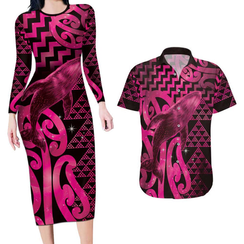 Humpback Whale Matariki New Zealand Couples Matching Long Sleeve Bodycon Dress and Hawaiian Shirt NZ Maori Paikea Poutama Luxury Pink