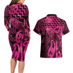 Humpback Whale Matariki New Zealand Couples Matching Long Sleeve Bodycon Dress and Hawaiian Shirt NZ Maori Paikea Poutama Luxury Pink