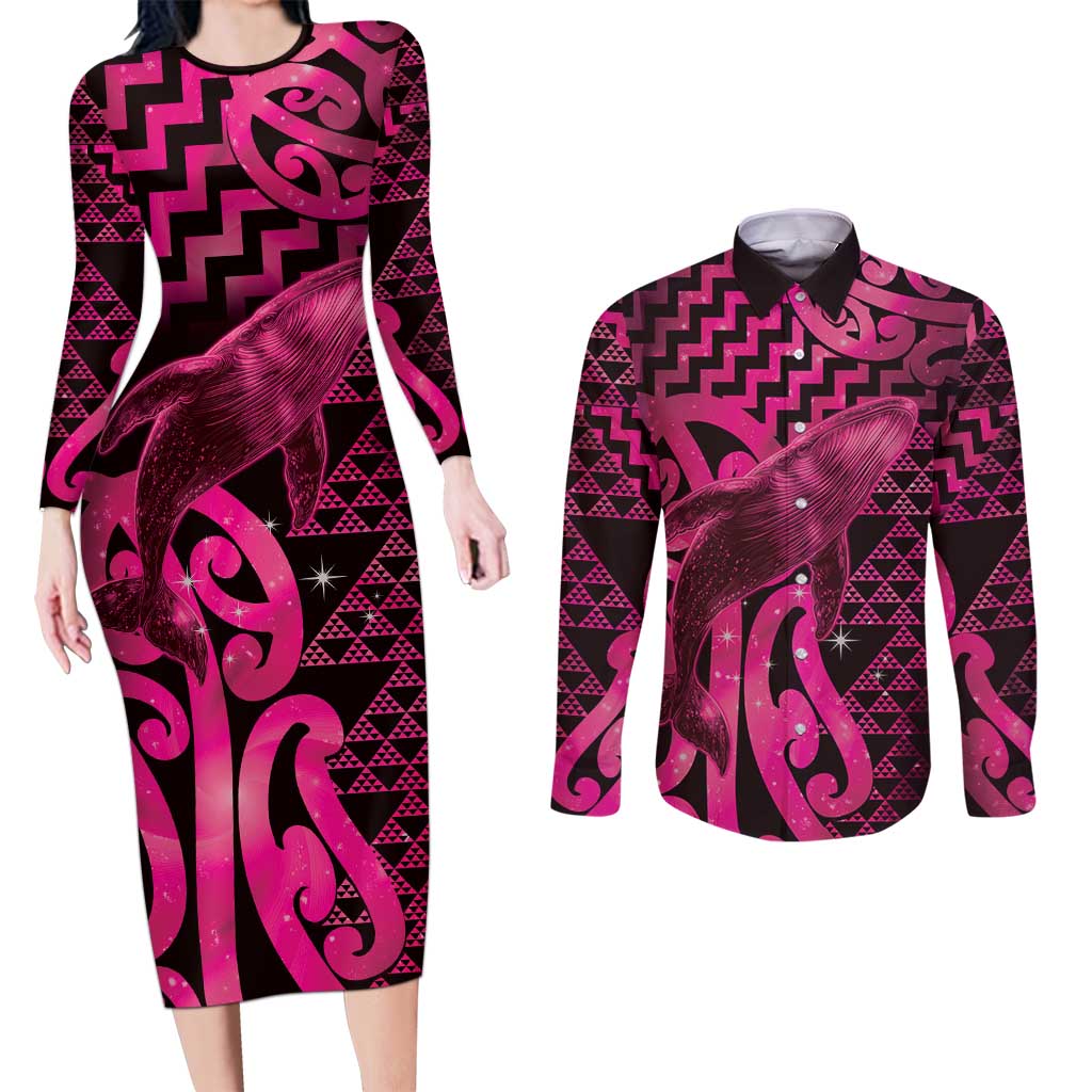Humpback Whale Matariki New Zealand Couples Matching Long Sleeve Bodycon Dress and Long Sleeve Button Shirt NZ Maori Paikea Poutama Luxury Pink