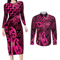 Humpback Whale Matariki New Zealand Couples Matching Long Sleeve Bodycon Dress and Long Sleeve Button Shirt NZ Maori Paikea Poutama Luxury Pink