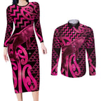 Humpback Whale Matariki New Zealand Couples Matching Long Sleeve Bodycon Dress and Long Sleeve Button Shirt NZ Maori Paikea Poutama Luxury Pink