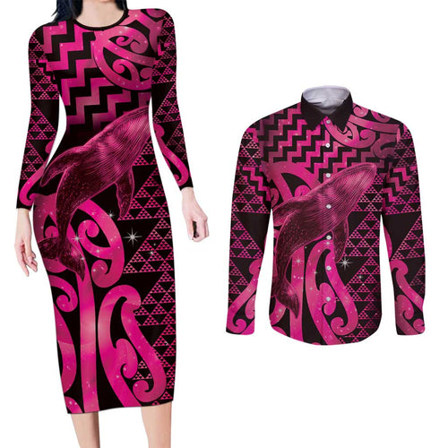 Humpback Whale Matariki New Zealand Couples Matching Long Sleeve Bodycon Dress and Long Sleeve Button Shirt NZ Maori Paikea Poutama Luxury Pink