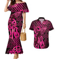 Humpback Whale Matariki New Zealand Couples Matching Mermaid Dress and Hawaiian Shirt NZ Maori Paikea Poutama Luxury Pink