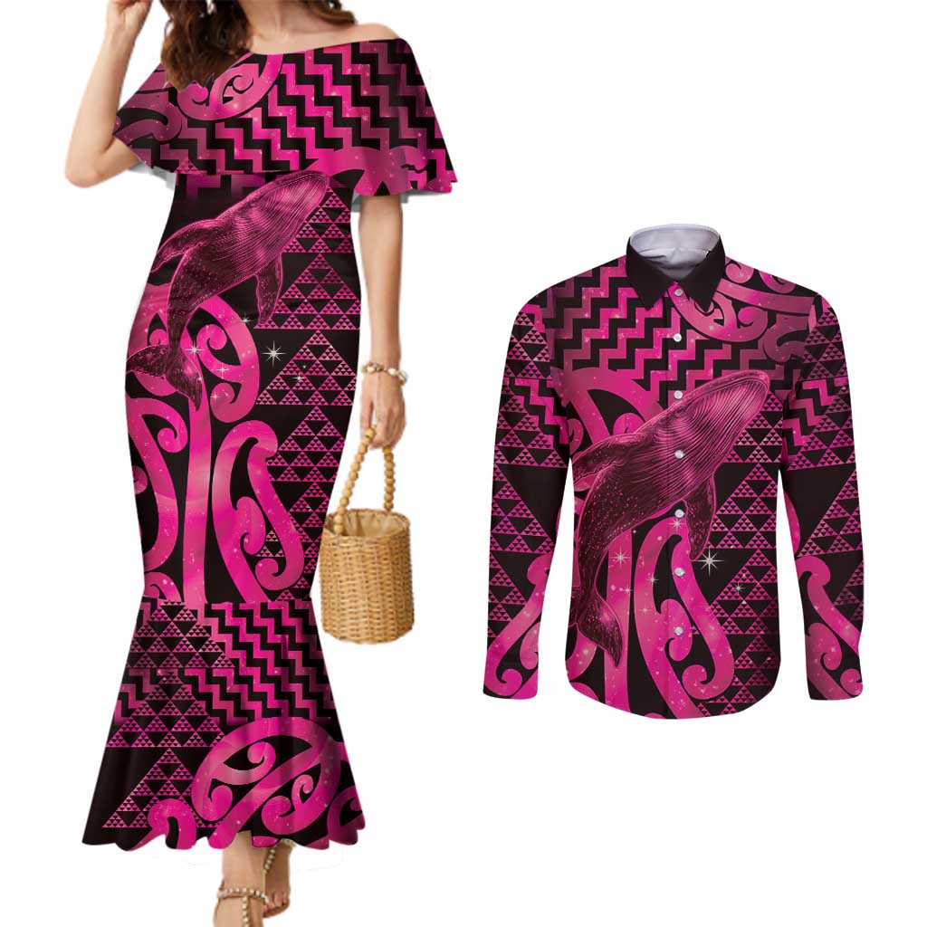 Humpback Whale Matariki New Zealand Couples Matching Mermaid Dress and Long Sleeve Button Shirt NZ Maori Paikea Poutama Luxury Pink