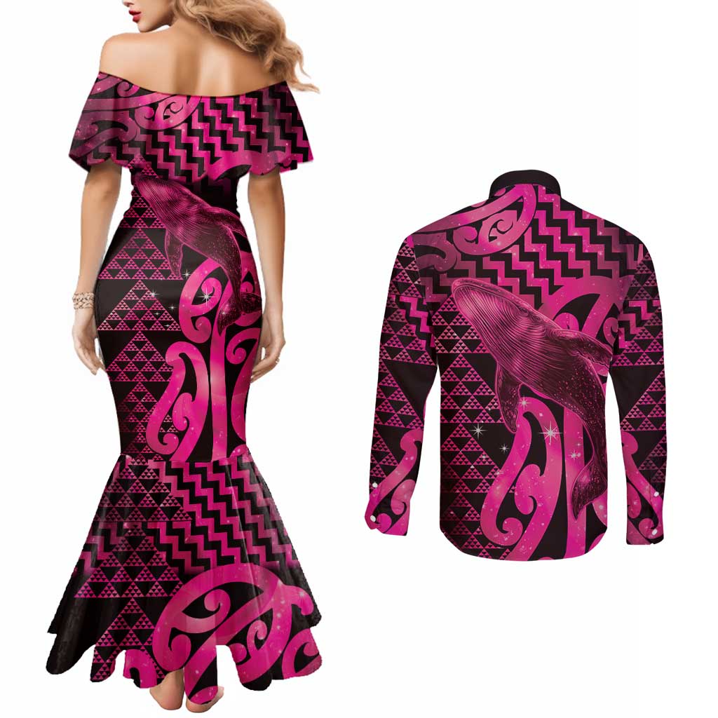 Humpback Whale Matariki New Zealand Couples Matching Mermaid Dress and Long Sleeve Button Shirt NZ Maori Paikea Poutama Luxury Pink
