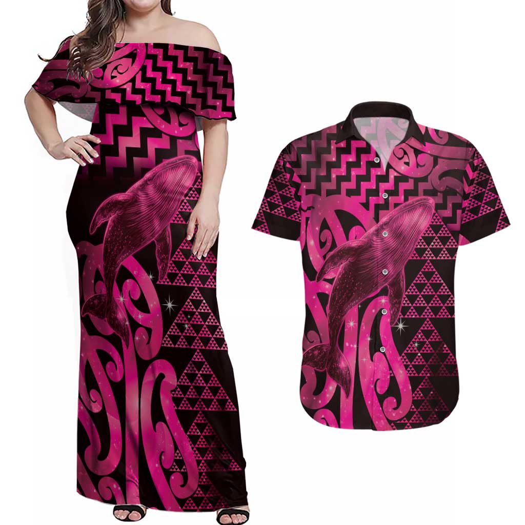 Humpback Whale Matariki New Zealand Couples Matching Off Shoulder Maxi Dress and Hawaiian Shirt NZ Maori Paikea Poutama Luxury Pink