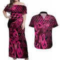 Humpback Whale Matariki New Zealand Couples Matching Off Shoulder Maxi Dress and Hawaiian Shirt NZ Maori Paikea Poutama Luxury Pink