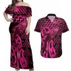Humpback Whale Matariki New Zealand Couples Matching Off Shoulder Maxi Dress and Hawaiian Shirt NZ Maori Paikea Poutama Luxury Pink