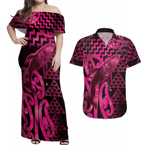 Humpback Whale Matariki New Zealand Couples Matching Off Shoulder Maxi Dress and Hawaiian Shirt NZ Maori Paikea Poutama Luxury Pink