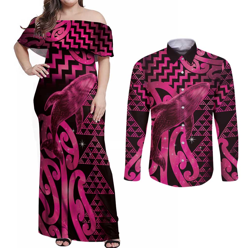 Humpback Whale Matariki New Zealand Couples Matching Off Shoulder Maxi Dress and Long Sleeve Button Shirt NZ Maori Paikea Poutama Luxury Pink