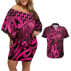 Humpback Whale Matariki New Zealand Couples Matching Off Shoulder Short Dress and Hawaiian Shirt NZ Maori Paikea Poutama Luxury Pink