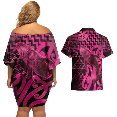 Humpback Whale Matariki New Zealand Couples Matching Off Shoulder Short Dress and Hawaiian Shirt NZ Maori Paikea Poutama Luxury Pink