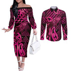 Humpback Whale Matariki New Zealand Couples Matching Off The Shoulder Long Sleeve Dress and Long Sleeve Button Shirt NZ Maori Paikea Poutama Luxury Pink