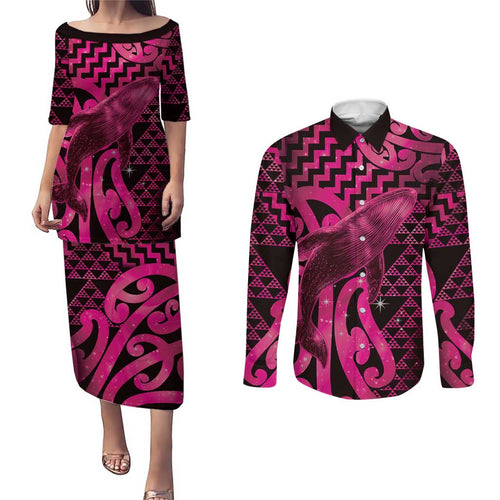 Humpback Whale Matariki New Zealand Couples Matching Puletasi and Long Sleeve Button Shirt NZ Maori Paikea Poutama Luxury Pink