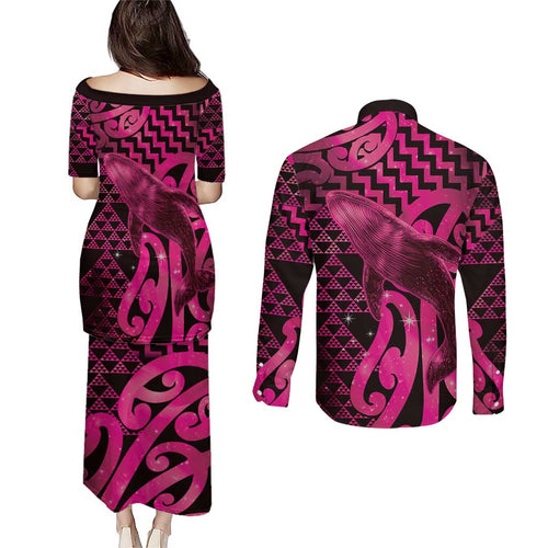 Humpback Whale Matariki New Zealand Couples Matching Puletasi and Long Sleeve Button Shirt NZ Maori Paikea Poutama Luxury Pink
