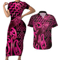 Humpback Whale Matariki New Zealand Couples Matching Short Sleeve Bodycon Dress and Hawaiian Shirt NZ Maori Paikea Poutama Luxury Pink