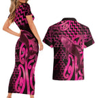 Humpback Whale Matariki New Zealand Couples Matching Short Sleeve Bodycon Dress and Hawaiian Shirt NZ Maori Paikea Poutama Luxury Pink