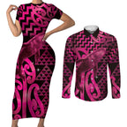 Humpback Whale Matariki New Zealand Couples Matching Short Sleeve Bodycon Dress and Long Sleeve Button Shirt NZ Maori Paikea Poutama Luxury Pink