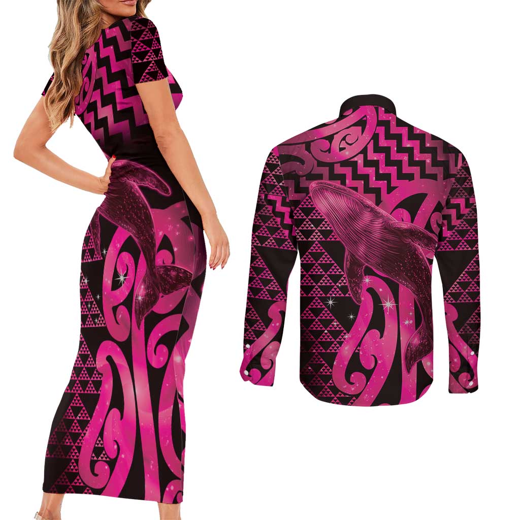 Humpback Whale Matariki New Zealand Couples Matching Short Sleeve Bodycon Dress and Long Sleeve Button Shirt NZ Maori Paikea Poutama Luxury Pink