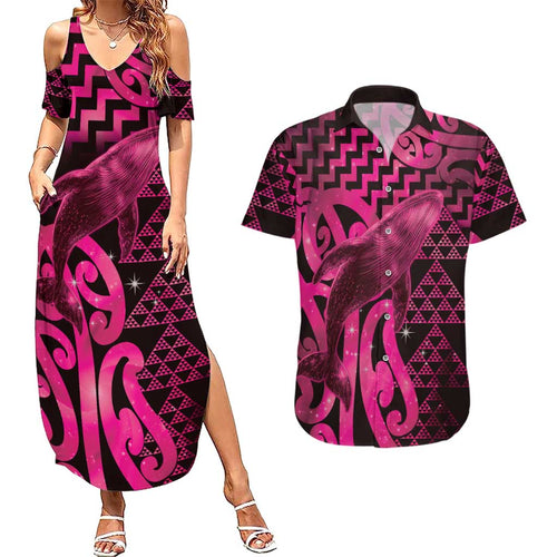 Humpback Whale Matariki New Zealand Couples Matching Summer Maxi Dress and Hawaiian Shirt NZ Maori Paikea Poutama Luxury Pink