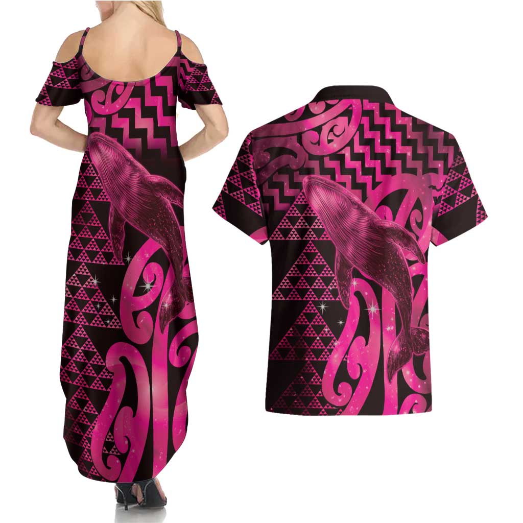 Humpback Whale Matariki New Zealand Couples Matching Summer Maxi Dress and Hawaiian Shirt NZ Maori Paikea Poutama Luxury Pink