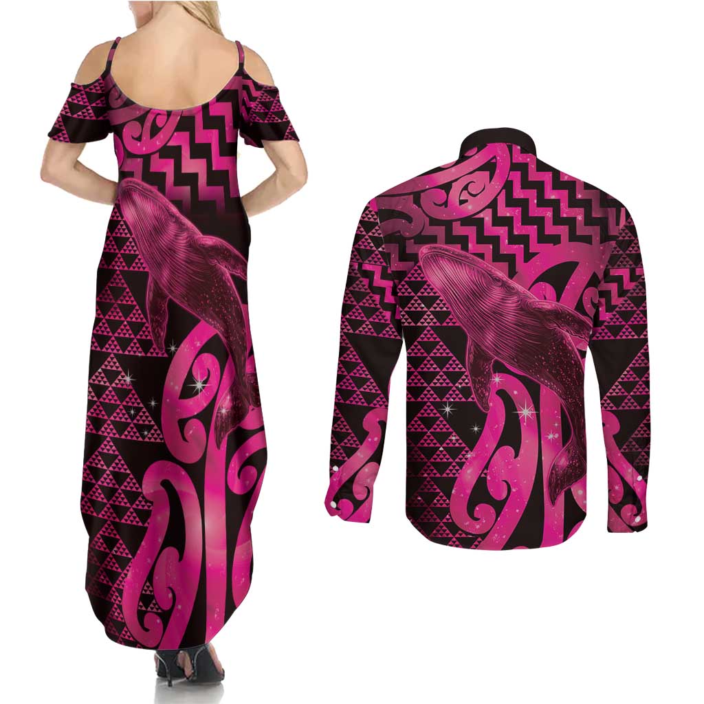 Humpback Whale Matariki New Zealand Couples Matching Summer Maxi Dress and Long Sleeve Button Shirt NZ Maori Paikea Poutama Luxury Pink