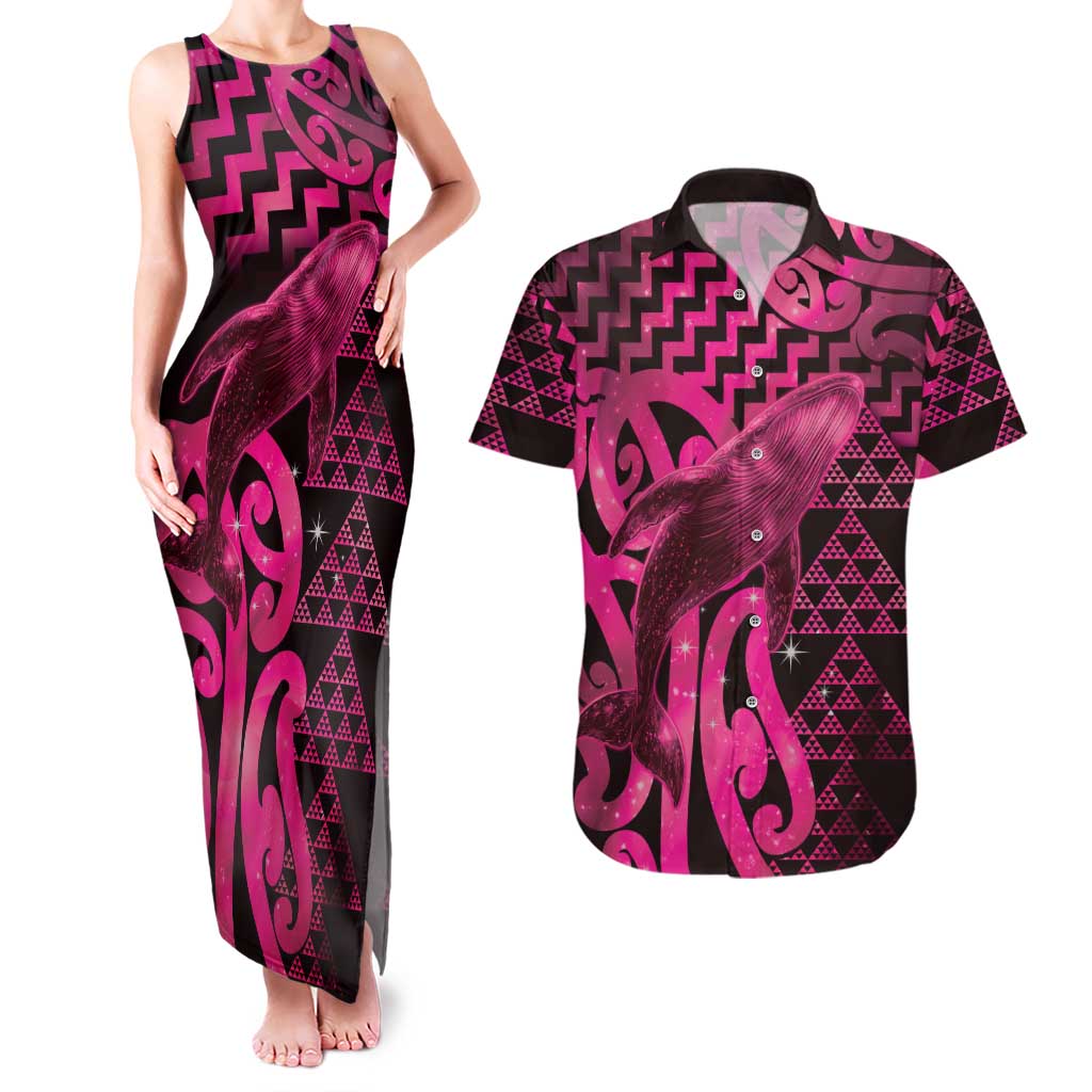 Humpback Whale Matariki New Zealand Couples Matching Tank Maxi Dress and Hawaiian Shirt NZ Maori Paikea Poutama Luxury Pink