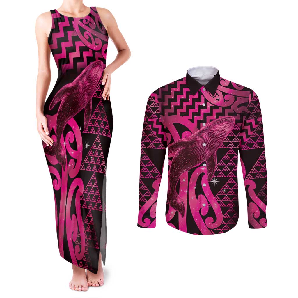 Humpback Whale Matariki New Zealand Couples Matching Tank Maxi Dress and Long Sleeve Button Shirt NZ Maori Paikea Poutama Luxury Pink