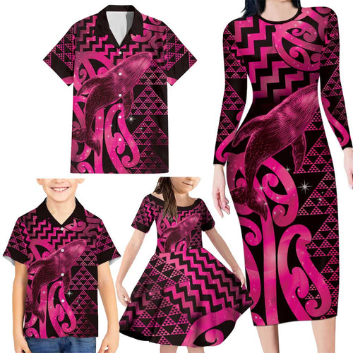 Humpback Whale Matariki New Zealand Family Matching Long Sleeve Bodycon Dress and Hawaiian Shirt NZ Maori Paikea Poutama Luxury Pink