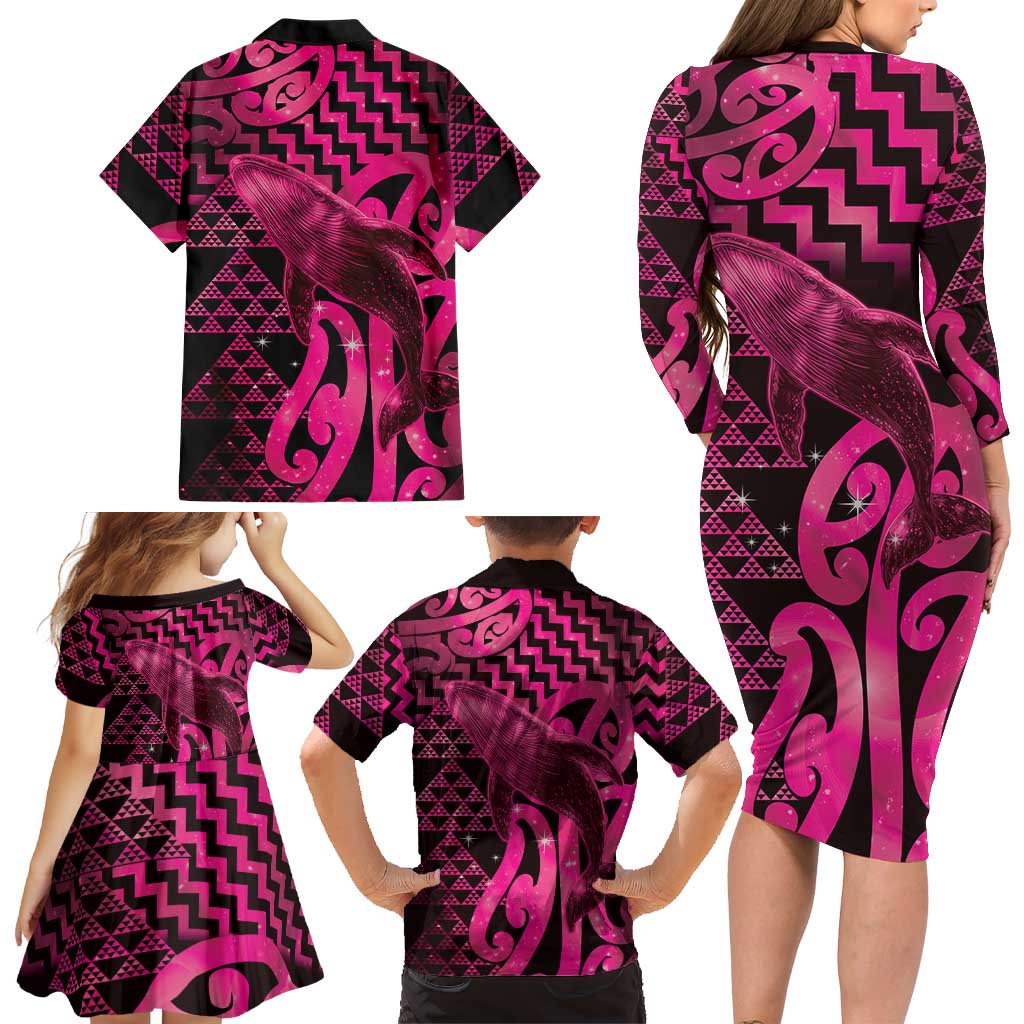 Humpback Whale Matariki New Zealand Family Matching Long Sleeve Bodycon Dress and Hawaiian Shirt NZ Maori Paikea Poutama Luxury Pink