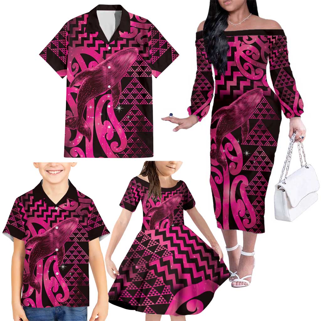 Humpback Whale Matariki New Zealand Family Matching Off The Shoulder Long Sleeve Dress and Hawaiian Shirt NZ Maori Paikea Poutama Luxury Pink