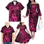 Humpback Whale Matariki New Zealand Family Matching Off The Shoulder Long Sleeve Dress and Hawaiian Shirt NZ Maori Paikea Poutama Luxury Pink