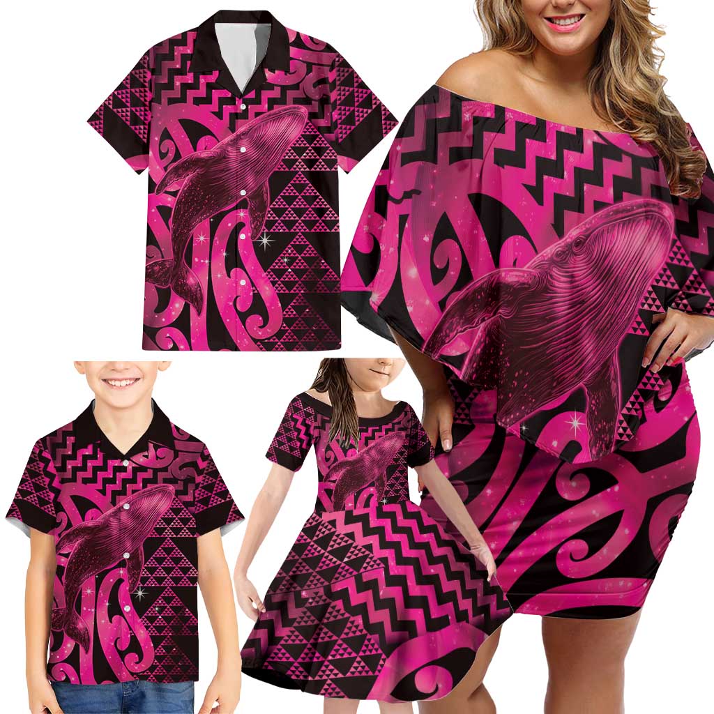 Humpback Whale Matariki New Zealand Family Matching Off Shoulder Short Dress and Hawaiian Shirt NZ Maori Paikea Poutama Luxury Pink