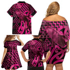 Humpback Whale Matariki New Zealand Family Matching Off Shoulder Short Dress and Hawaiian Shirt NZ Maori Paikea Poutama Luxury Pink