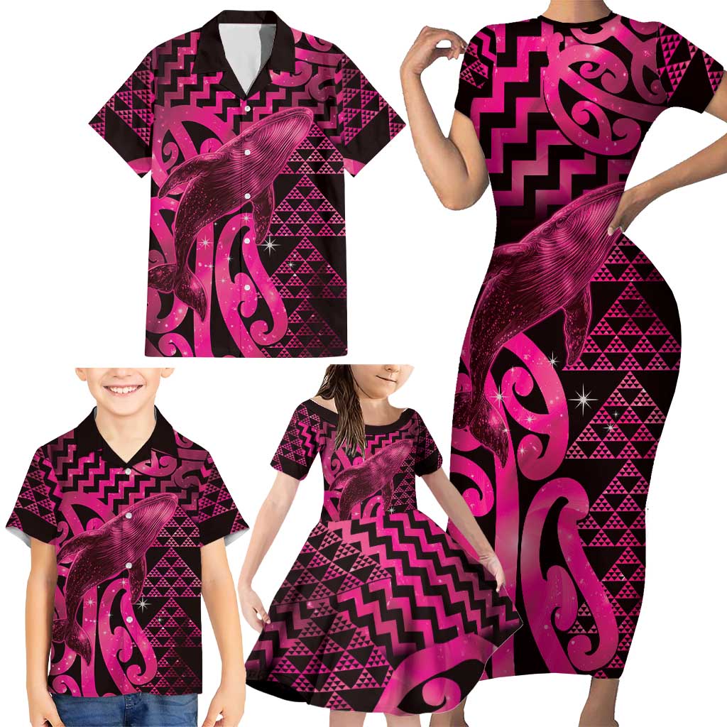 Humpback Whale Matariki New Zealand Family Matching Short Sleeve Bodycon Dress and Hawaiian Shirt NZ Maori Paikea Poutama Luxury Pink