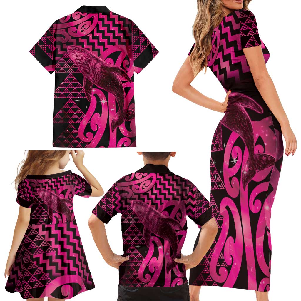 Humpback Whale Matariki New Zealand Family Matching Short Sleeve Bodycon Dress and Hawaiian Shirt NZ Maori Paikea Poutama Luxury Pink