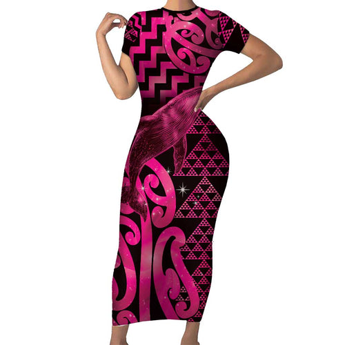 Humpback Whale Matariki New Zealand Family Matching Short Sleeve Bodycon Dress and Hawaiian Shirt NZ Maori Paikea Poutama Luxury Pink