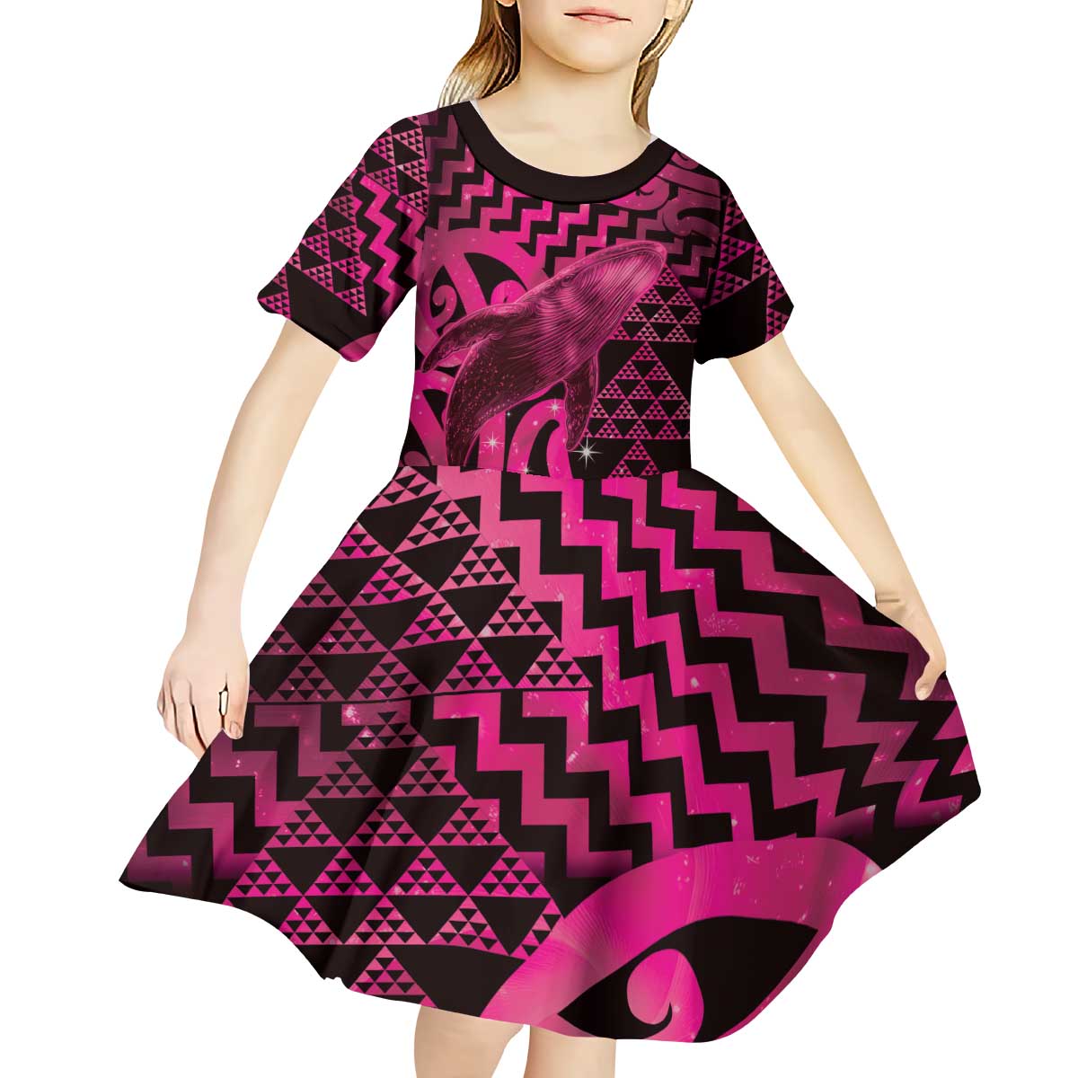 Humpback Whale Matariki New Zealand Kid Short Sleeve Dress NZ Maori Paikea Poutama Luxury Pink