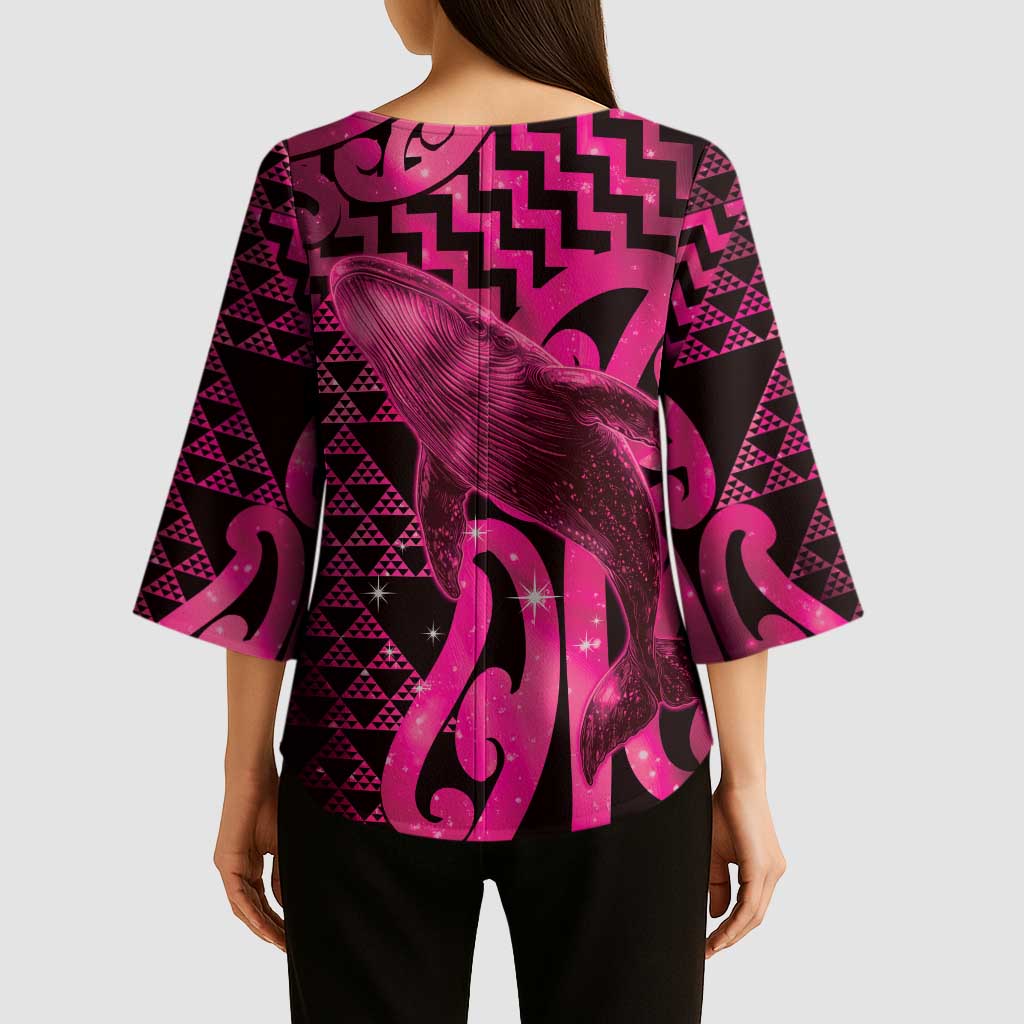 Humpback Whale Matariki New Zealand Kimono Sleeve Blouse NZ Maori Paikea Poutama Luxury Pink