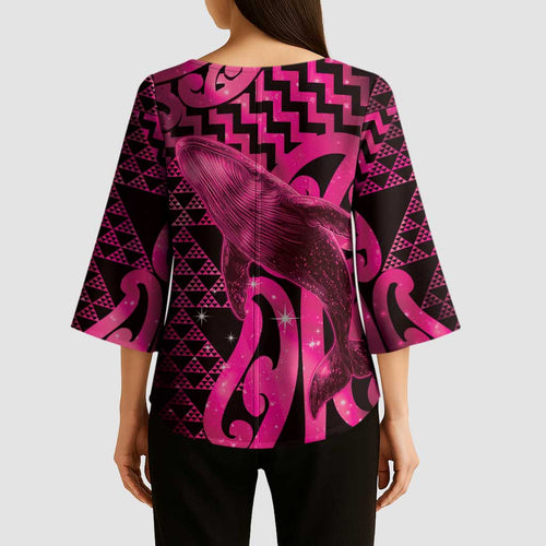 Humpback Whale Matariki New Zealand Kimono Sleeve Blouse NZ Maori Paikea Poutama Luxury Pink