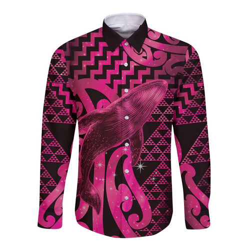 Humpback Whale Matariki New Zealand Long Sleeve Button Shirt NZ Maori Paikea Poutama Luxury Pink