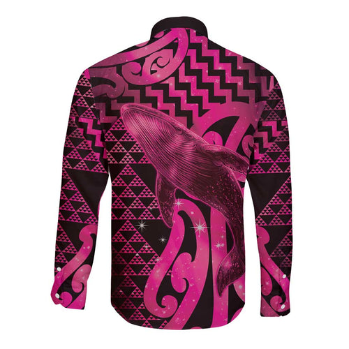 Humpback Whale Matariki New Zealand Long Sleeve Button Shirt NZ Maori Paikea Poutama Luxury Pink