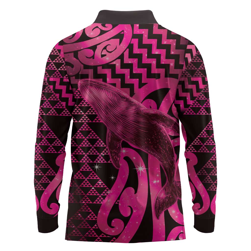 Humpback Whale Matariki New Zealand Long Sleeve Polo Shirt NZ Maori Paikea Poutama Luxury Pink