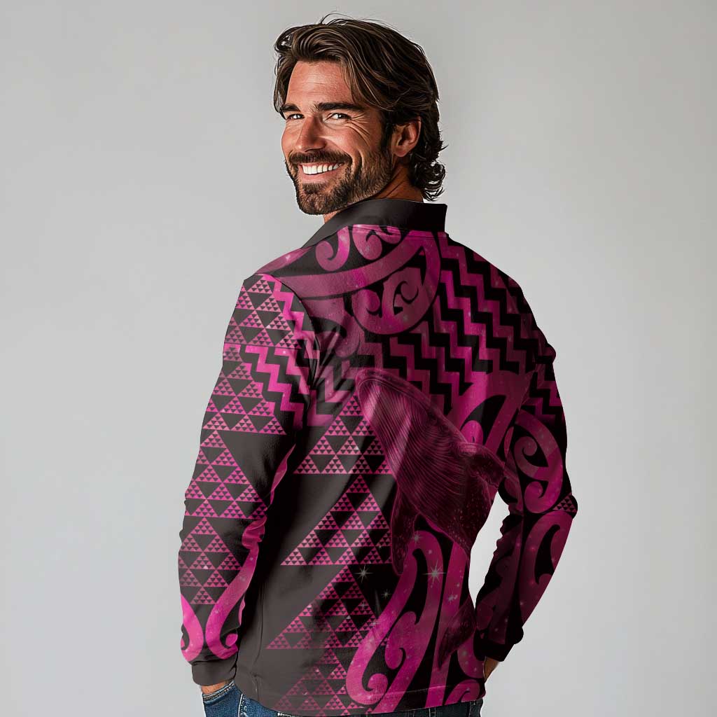 Humpback Whale Matariki New Zealand Long Sleeve Polo Shirt NZ Maori Paikea Poutama Luxury Pink