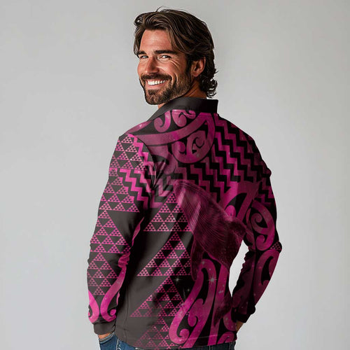 Humpback Whale Matariki New Zealand Long Sleeve Polo Shirt NZ Maori Paikea Poutama Luxury Pink