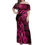 Humpback Whale Matariki New Zealand Off Shoulder Maxi Dress NZ Maori Paikea Poutama Luxury Pink