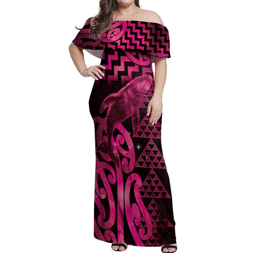 Humpback Whale Matariki New Zealand Off Shoulder Maxi Dress NZ Maori Paikea Poutama Luxury Pink
