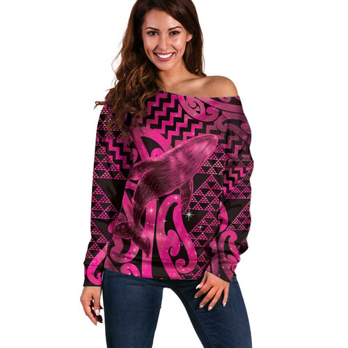 Humpback Whale Matariki New Zealand Off Shoulder Sweater NZ Maori Paikea Poutama Luxury Pink