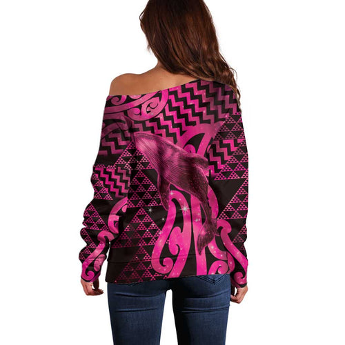 Humpback Whale Matariki New Zealand Off Shoulder Sweater NZ Maori Paikea Poutama Luxury Pink